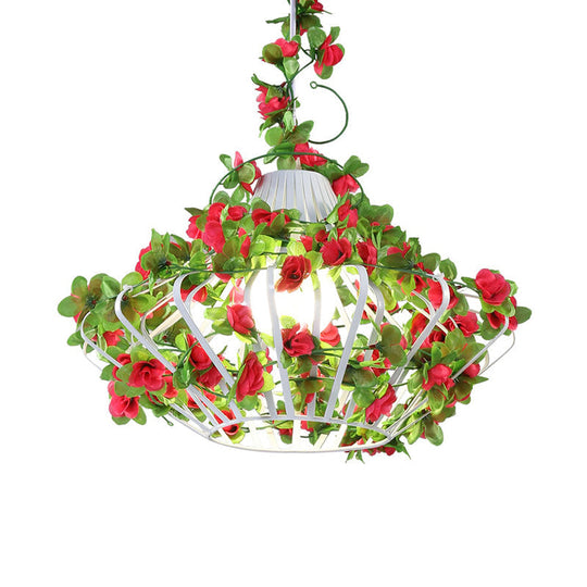 Black/White Metal Cage Hanging Lamp - Antique Style, LED Pendant with Flower Decor for Restaurants