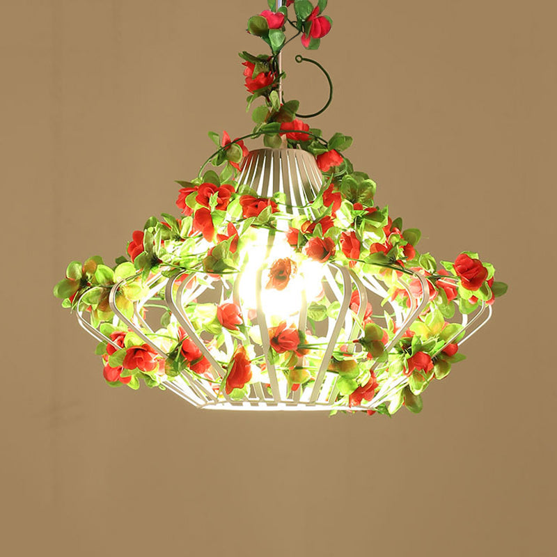 Black/White Metal Cage Hanging Lamp - Antique Style, LED Pendant with Flower Decor for Restaurants