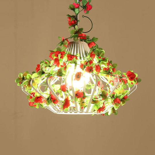 Black/White Metal Cage Hanging Lamp - Antique Style, LED Pendant with Flower Decor for Restaurants