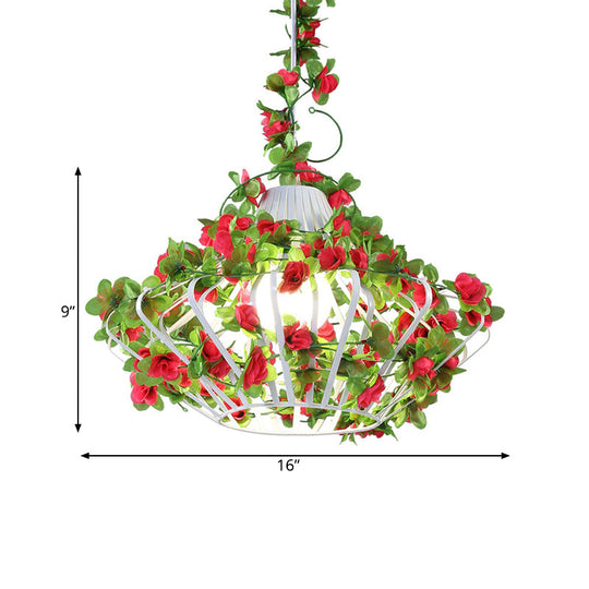 Antique Black/White Metal Cage Hanging Lamp With Flower Decor - Led Suspension Pendant For