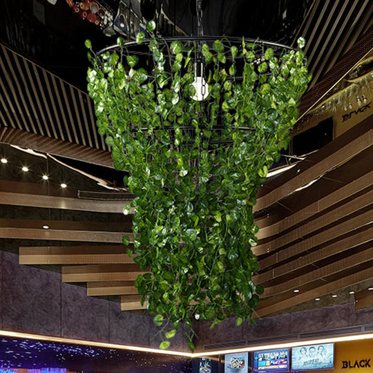 Industrial Geometric Metal LED Pendant Light in Black with Plant Decor