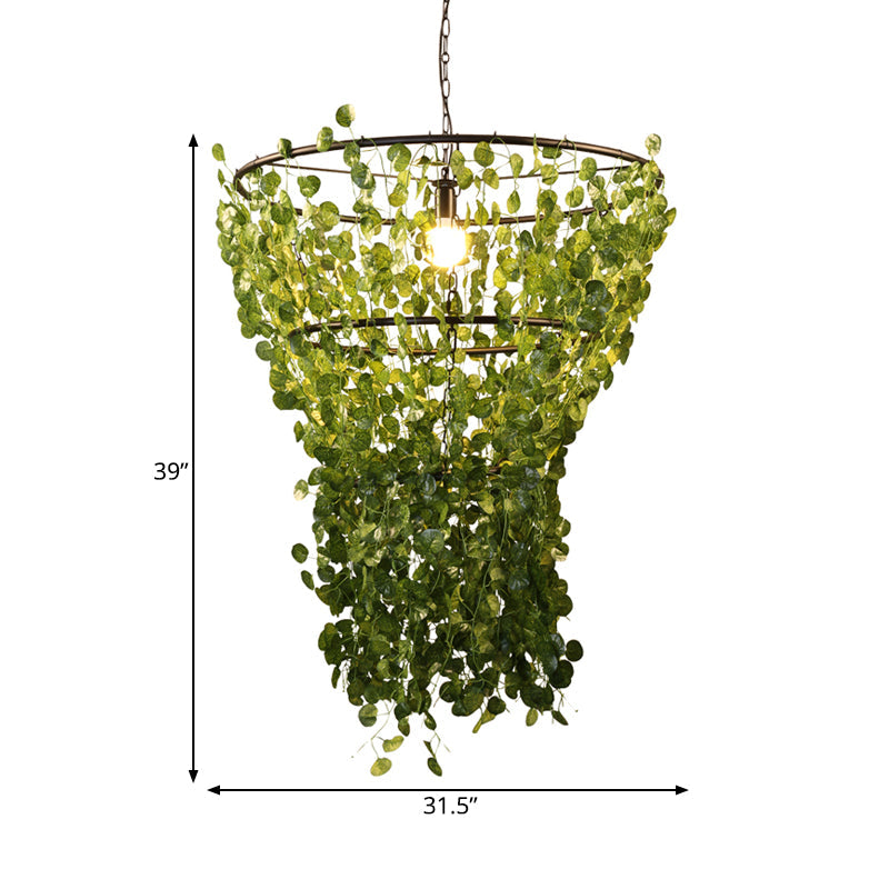 Industrial Metal Pendant Light With Led Bulb And Plant Decor In Black