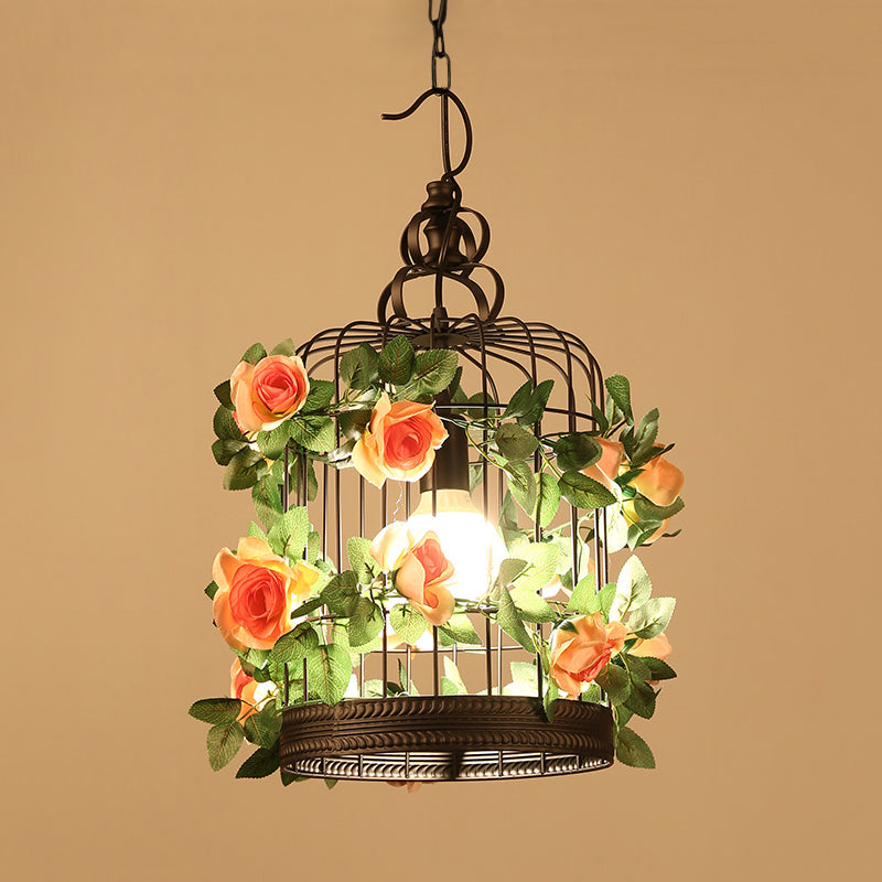 Industrial Metal Birdcage LED Pendant Lamp – Black, One Bulb, with Flower Decoration