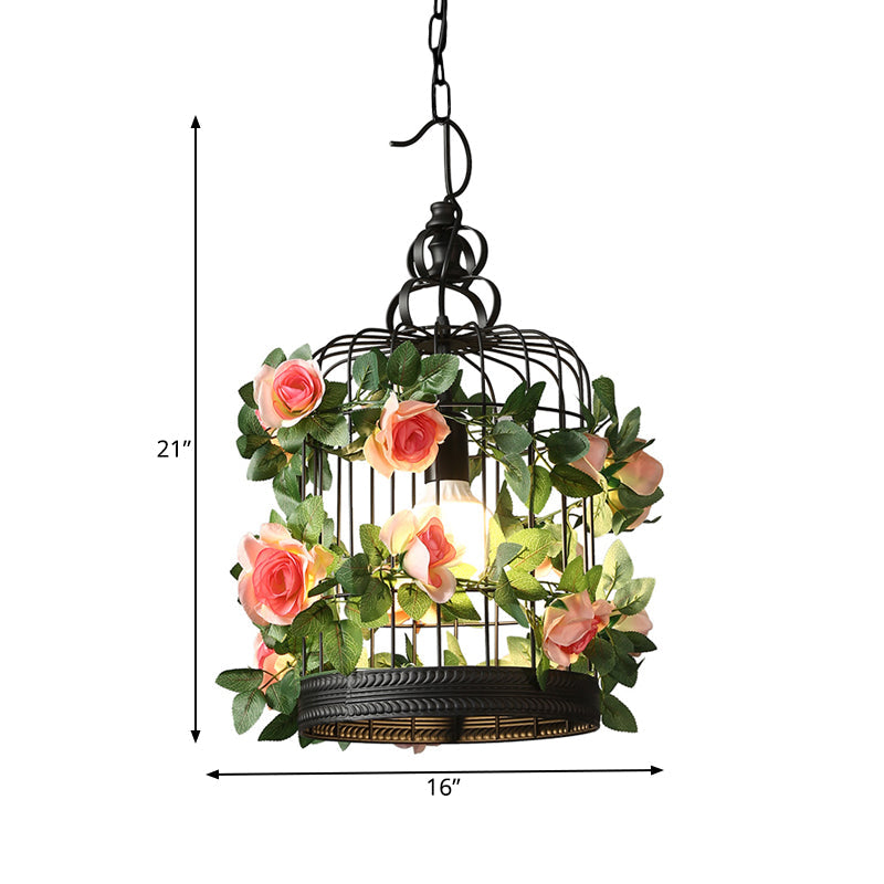 Industrial Metal Birdcage LED Pendant Lamp – Black, One Bulb, with Flower Decoration