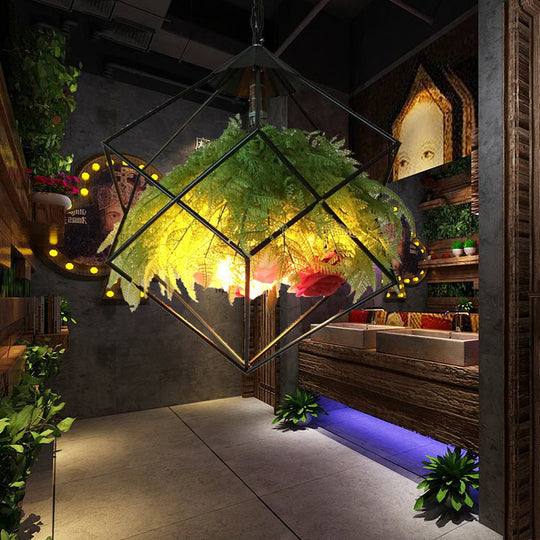 Geometric Metal Pendant: 1-Head Led Down Light W/ Plant Accent - Antique Black 18/21.5 Wide / 18