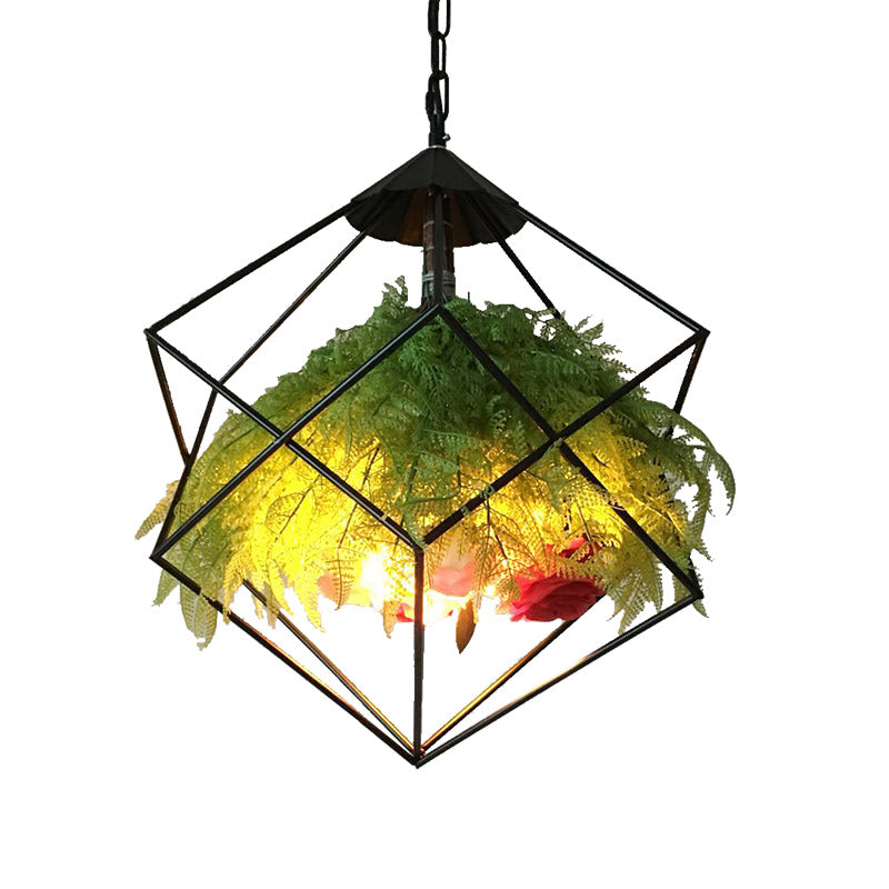 Metal Pendant Lamp Antique Black Geometric Design with Plant Decoration - 18"/21.5" Wide, LED Down Lighting for Restaurants