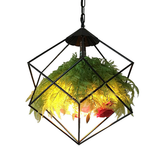 Geometric Metal Pendant: 1-Head Led Down Light W/ Plant Accent - Antique Black 18/21.5 Wide