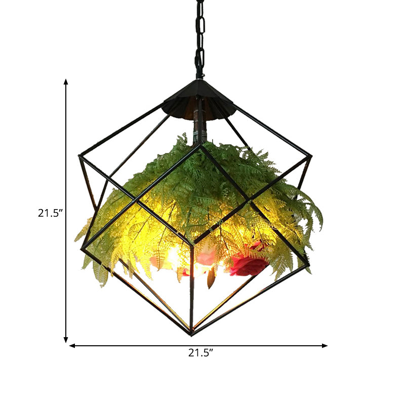Metal Pendant Lamp Antique Black Geometric Design with Plant Decoration - 18"/21.5" Wide, LED Down Lighting for Restaurants