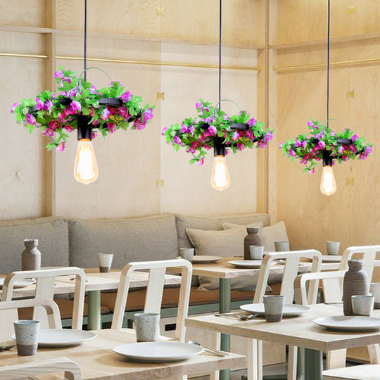 Luminaire suspendu vintage à ampoule nue avec motif de fleur LED pour restaurants
