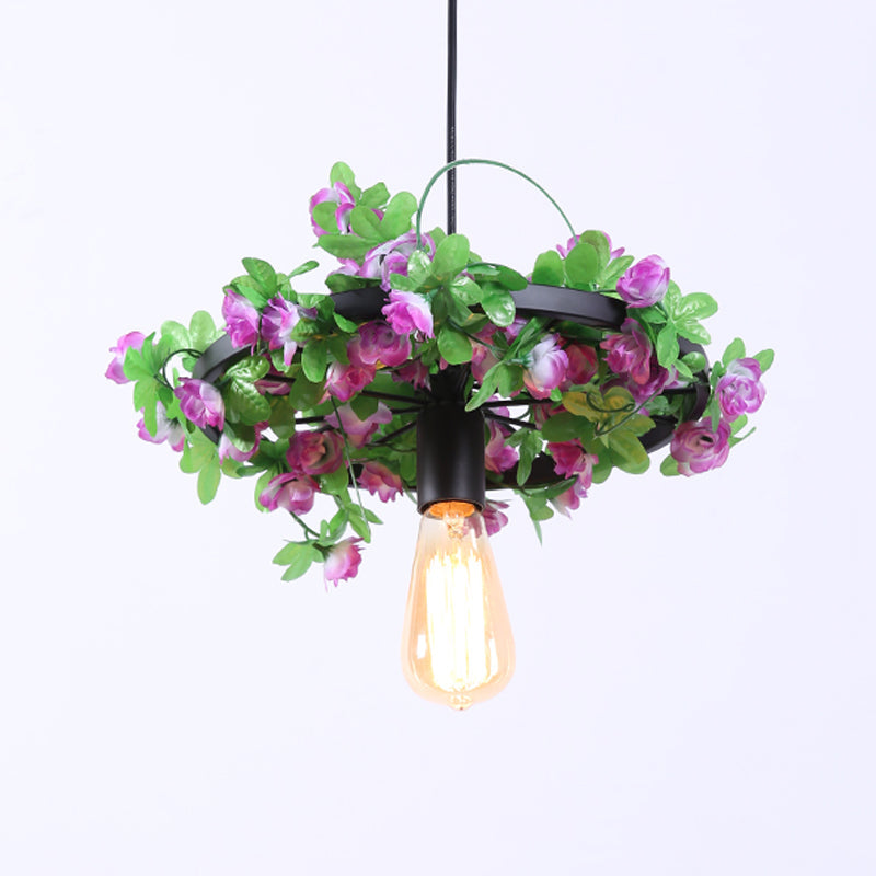 Luminaire suspendu vintage à ampoule nue avec motif de fleur LED pour restaurants