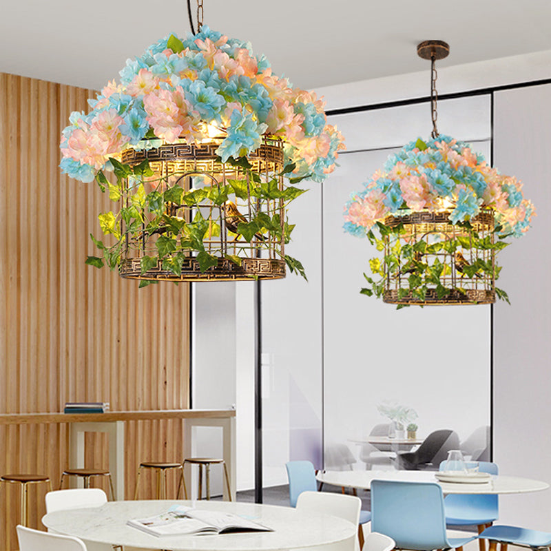 Metal Industrial Bird Cage Pendant Light With Led Bulb Brass Finish And Flower Decor