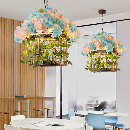 Metal Industrial Bird Cage Pendant Light With Led Bulb Brass Finish And Flower Decor