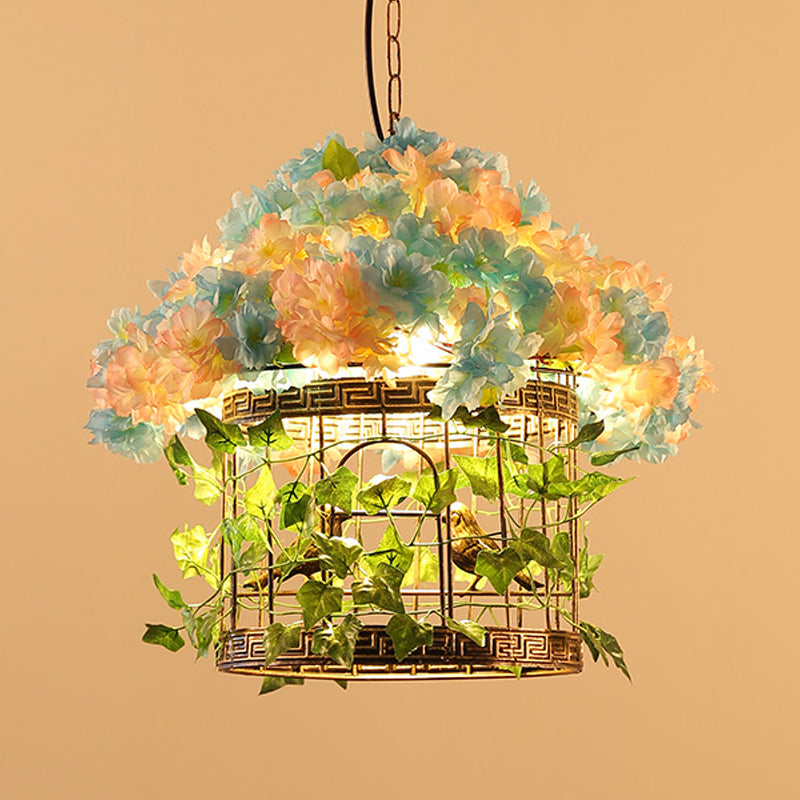 Brass Metal Birdcage Pendant Light with Flower Decor - Industrial Hanging Lamp with LED Bulb