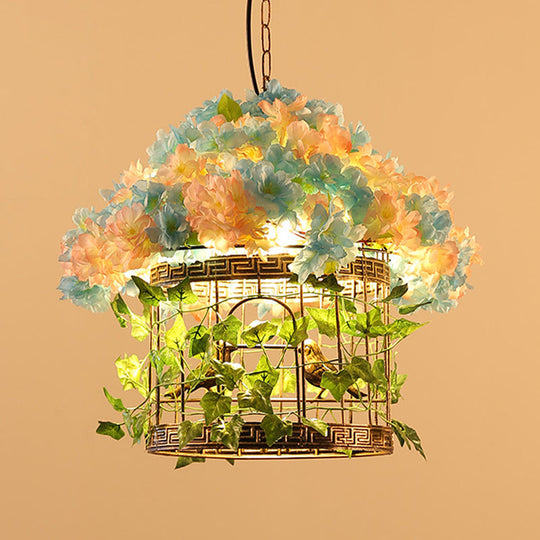 Metal Industrial Bird Cage Pendant Light With Led Bulb Brass Finish And Flower Decor