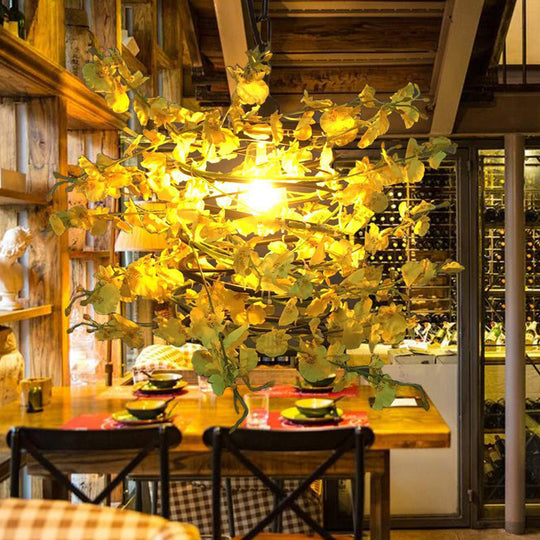 Antique Yellow And Green Plant Metal Ceiling Light - Restaurant Pendant With Led Down Lighting