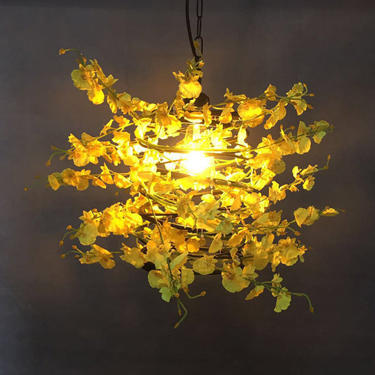 Antique Yellow And Green Plant Metal Ceiling Light - Restaurant Pendant With Led Down Lighting