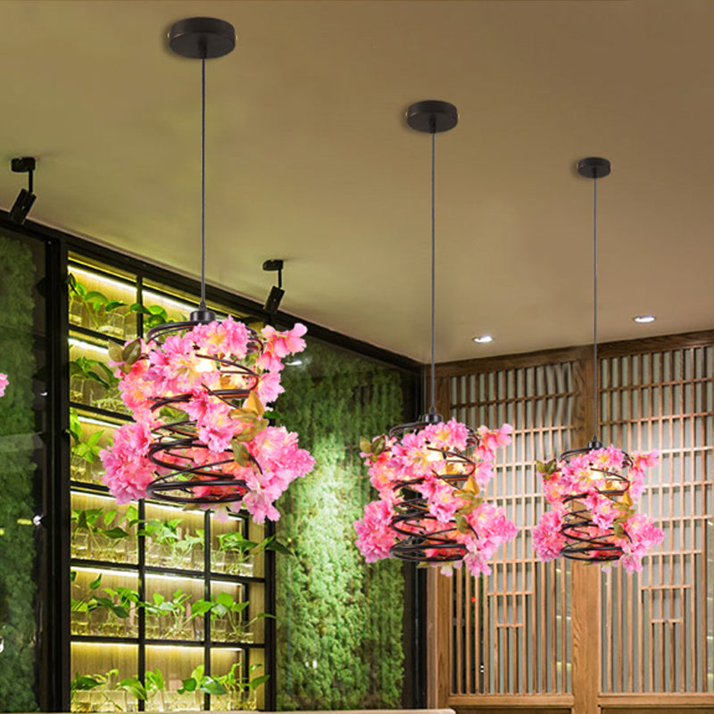 Vintage Metal Spiral Pendant Ceiling Light with LED Flower Design in Black