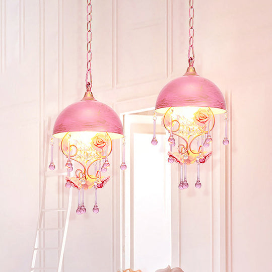 Pastoral Metal Dome Pendant Lamp With Rose Decoration Pink/Blue
Or
Metal Pink/Blue Design