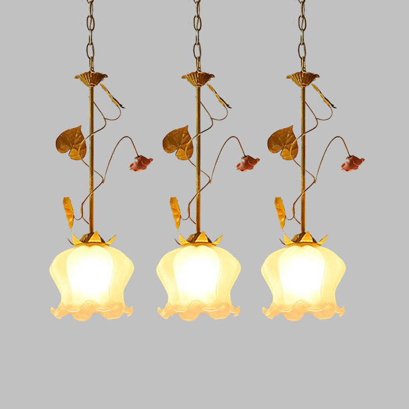 Blossom Countryside Metal Pendant Light - Green Led 3 Heads Round/Linear Canopy Dining Room Cluster