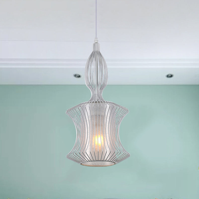 Modern Silver Lantern Cage Pendant Light with Cylinder Shade
