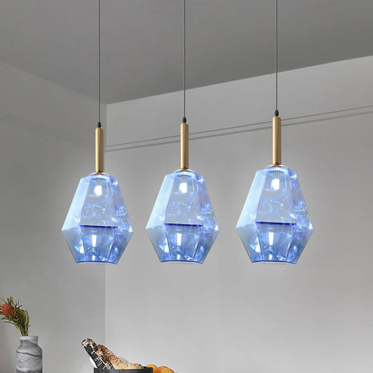 Blue Diamond Glass LED Pendant Light Kit with Contemporary Brass Fixture - 1-Light