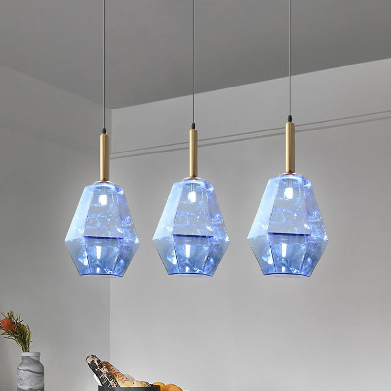 Contemporary Diamond Blue Glass Led Pendant Light Fixture With Hanging Kit
