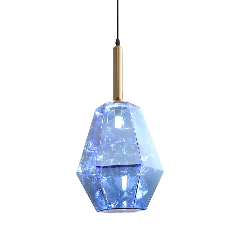 Blue Diamond Glass LED Pendant Light Kit with Contemporary Brass Fixture - 1-Light