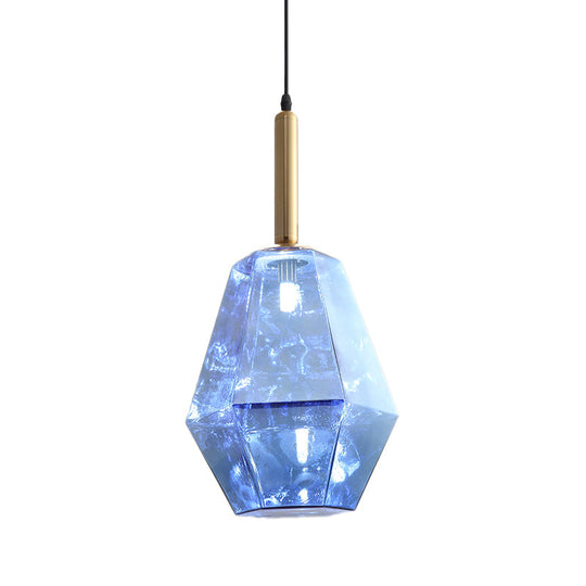Contemporary Diamond Blue Glass Led Pendant Light Fixture With Hanging Kit