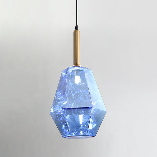 Blue Diamond Glass LED Pendant Light Kit with Contemporary Brass Fixture - 1-Light