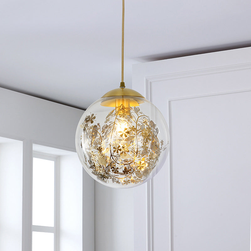 Modern Yellow Ball Pendant Lamp - 1-Head Clear Glass Ceiling Light with Inner Shattered Leaves Design
