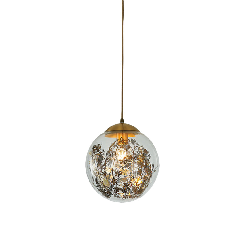 Modern Yellow Ball Pendant Lamp - 1-Head Clear Glass Ceiling Light with Inner Shattered Leaves Design