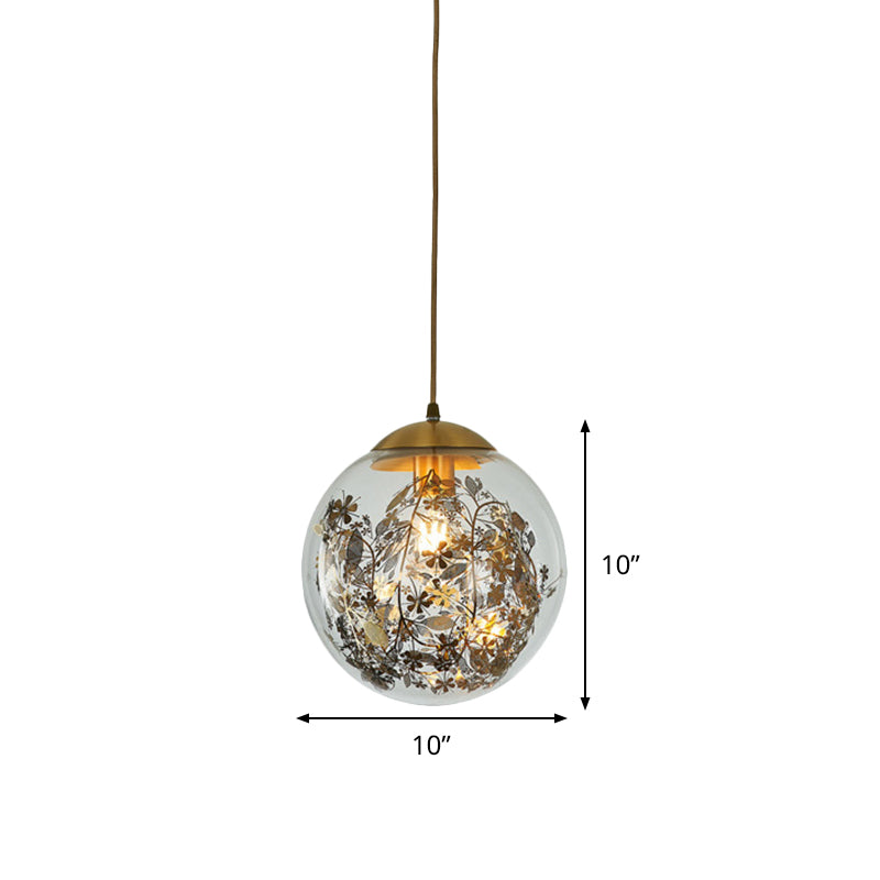 Modern Clear Glass Yellow Ball Pendant Lamp With Shattered Leaves Decoration - 1-Head Ceiling Light