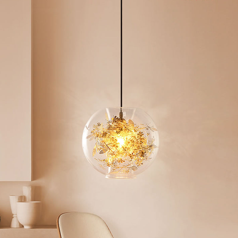 Modern Gold Sphere Pendant Light with Clear Glass and Shattered Leaves Detail