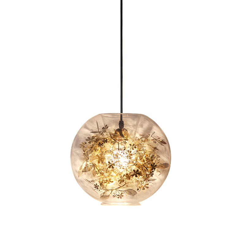 Modern Gold Sphere Pendant Light with Clear Glass and Shattered Leaves Detail