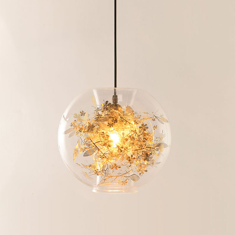 Modern Gold Sphere Pendant Light with Clear Glass and Shattered Leaves Detail