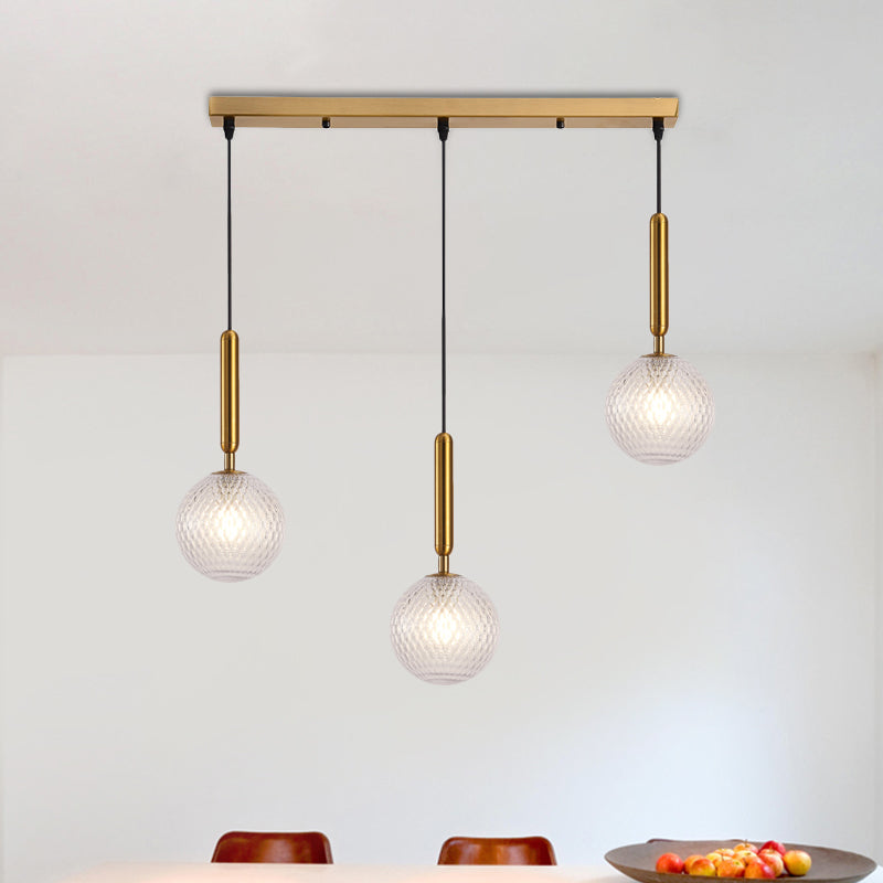Modo Clear Lattice Glass Pendant Lamp In Brass - Modern 3-Head Dining Room Cluster Light 6/8 Wide /