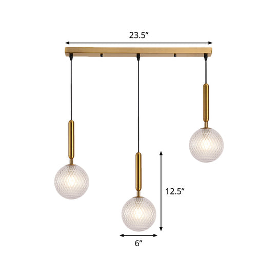 Modern Modo 3-Head Pendant Lamp with Clear Lattice Glass - Dining Room Cluster Light in Brass, 6"/8" Wide