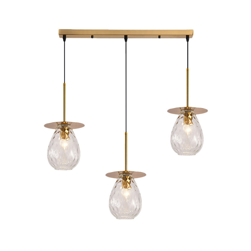 Modern Modo 3-Head Pendant Lamp with Clear Lattice Glass - Dining Room Cluster Light in Brass, 6"/8" Wide