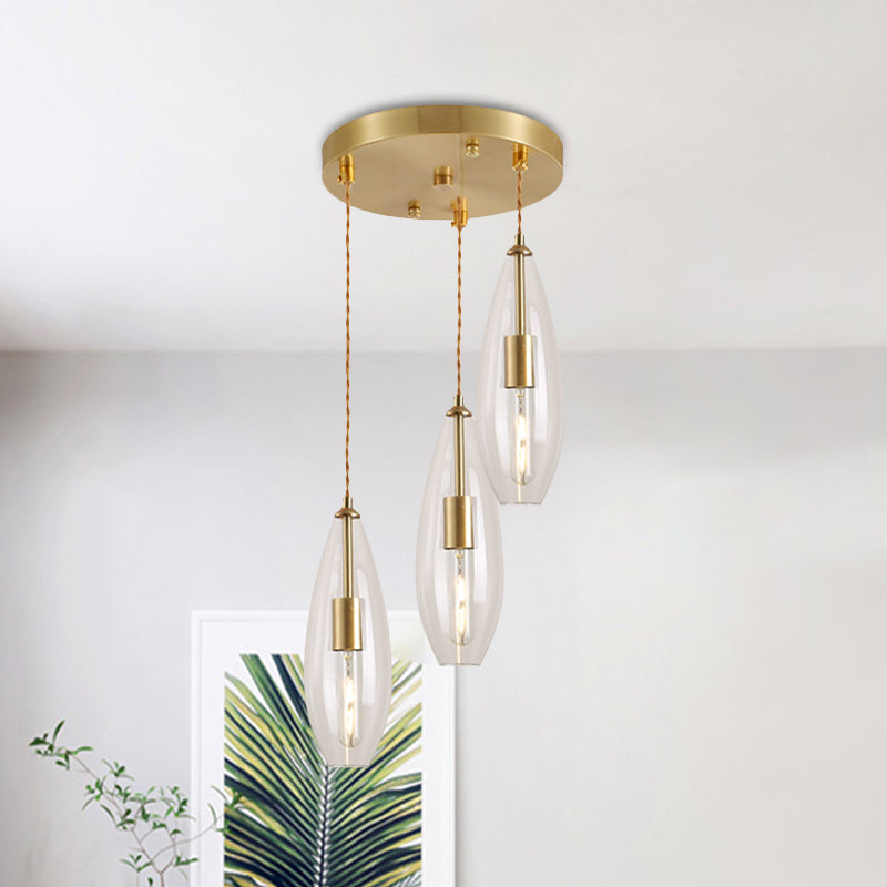 Modernist Brass Waterdrop Pendant Light with Clear Glass and 3 Bulbs – Stylish Suspended Lamp