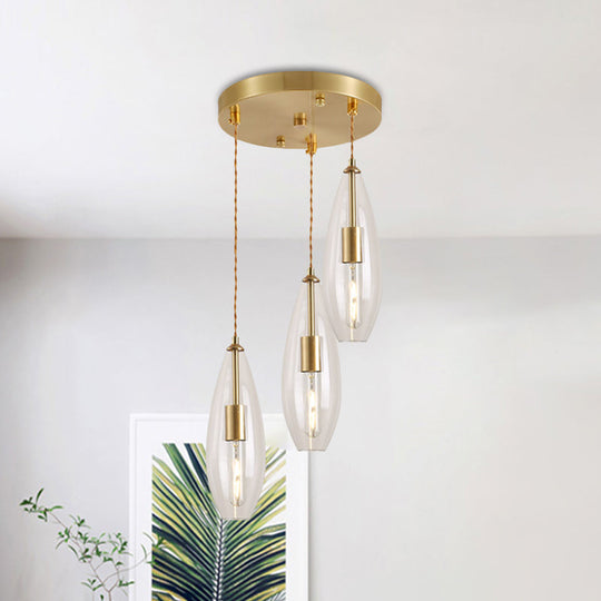 Modernist Brass Waterdrop Pendant Light with Clear Glass and 3 Bulbs – Stylish Suspended Lamp