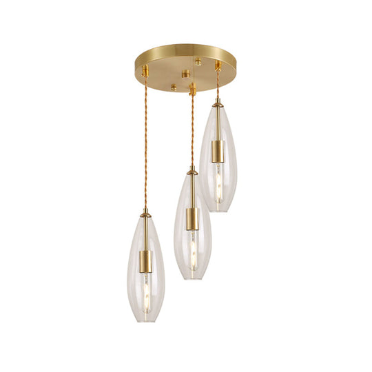Modernist Brass Waterdrop Pendant Light with Clear Glass and 3 Bulbs – Stylish Suspended Lamp