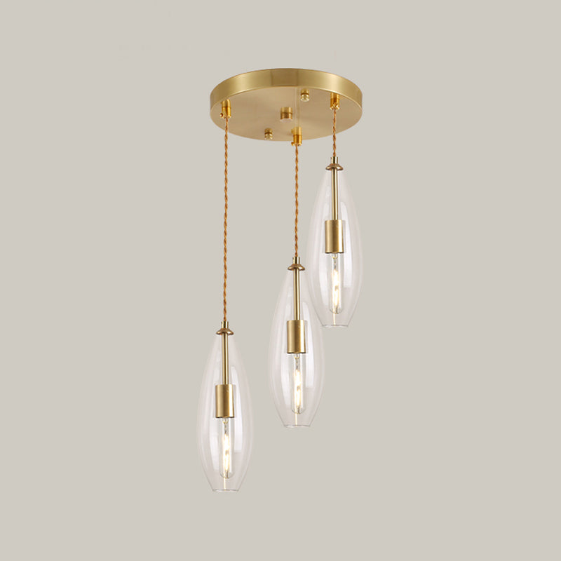 Modernist Brass Waterdrop Pendant Light with Clear Glass and 3 Bulbs – Stylish Suspended Lamp