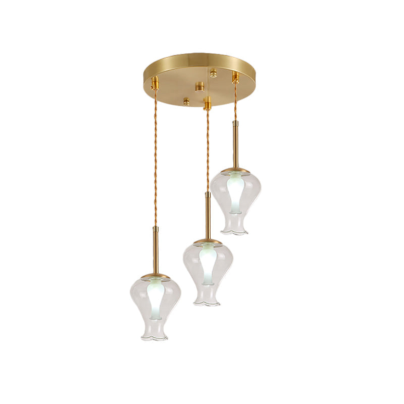 Modern Clear Glass Vase Ceiling Light With 3 Brass Pendant Lights For Dining Room