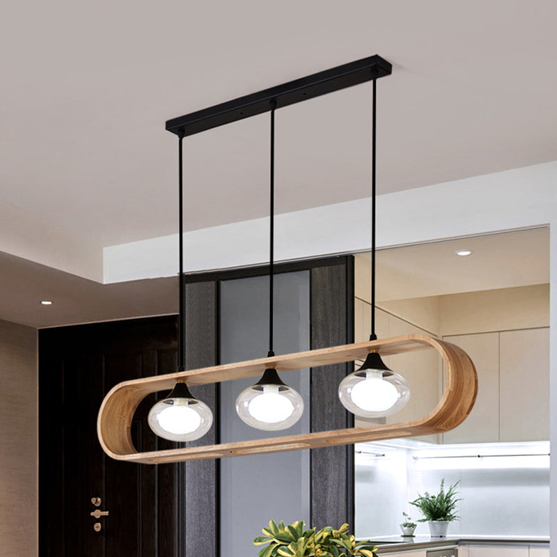Modern 3-Light Wood Pendant Lamp with Clear Glass Shades in Beige Rectangle Design