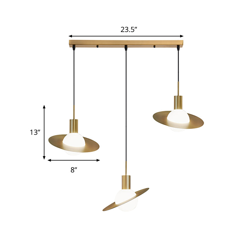 Modernist 3-Head Brass Pendant Light with Milky Glass Cluster - Global Design, Panel Ring Detail