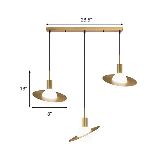 Modernist 3-Head Brass Pendant Light With Panel Ring Detail - Global Milky Glass Cluster Lamp