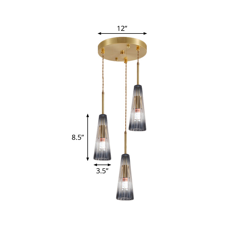 Restaurant Multi Lamp Pendant Light With Brass Down And Grey Prismatic Glass Shade