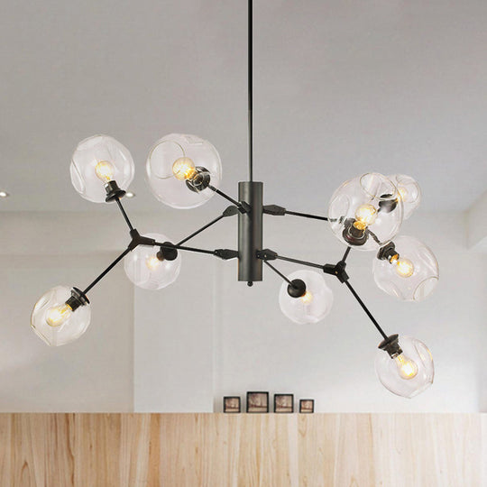 Minimalist 9-Bulb Black Sphere Chandelier With Clear Dimpled Glass Branch Pendant Light
