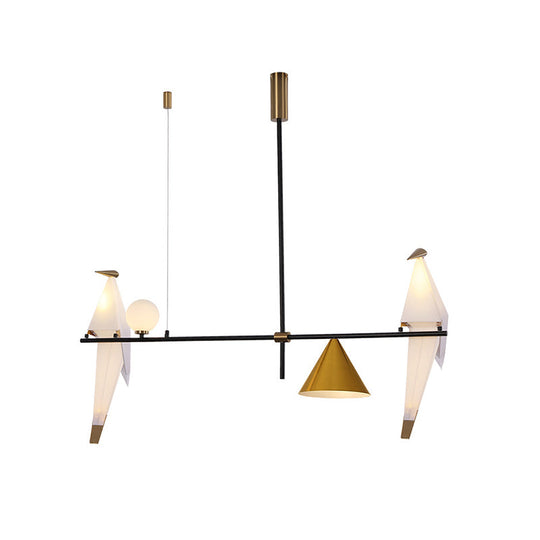 Black Metal Pendant Chandelier With Modern Paper Crane Design And Cone Shades - Ideal For Dining