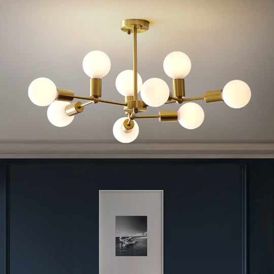 Modern Brass Modo Chandelier With 9 Frosted White Glass Lights And Branch Design